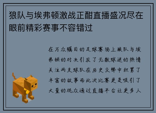 狼队与埃弗顿激战正酣直播盛况尽在眼前精彩赛事不容错过